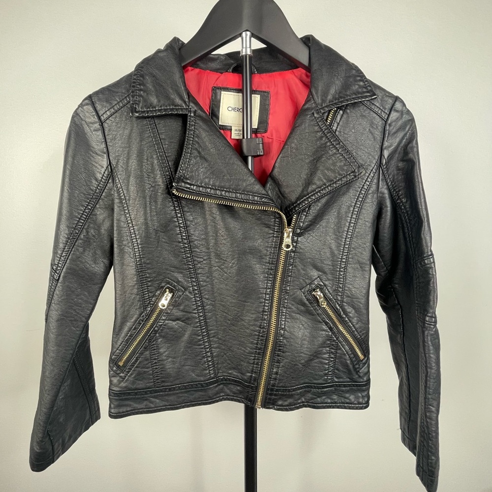 Cherokee Black Faux Leather Moto Jacket with Red Lining kids medium